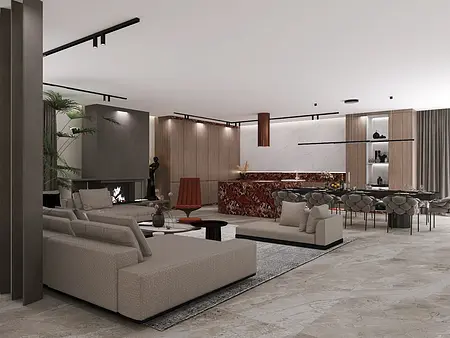 Salon z beżowymi sofami, marmurowym blatem i elementami glamour.