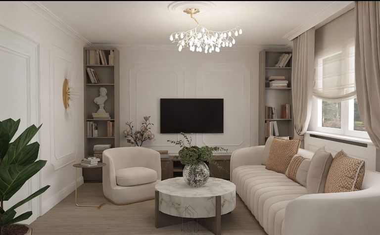 Wnętrze salonu w stylu art deco z beżową sofą i roślinnością.