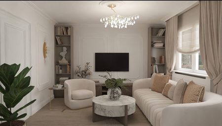 Wnętrze salonu w stylu art deco z beżową sofą i roślinnością.