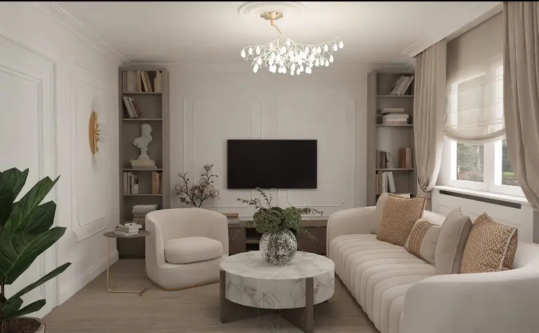 Wnętrze salonu w stylu art deco z beżową sofą i roślinnością.