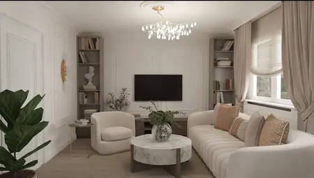 Wnętrze salonu w stylu art deco z beżową sofą i roślinnością.