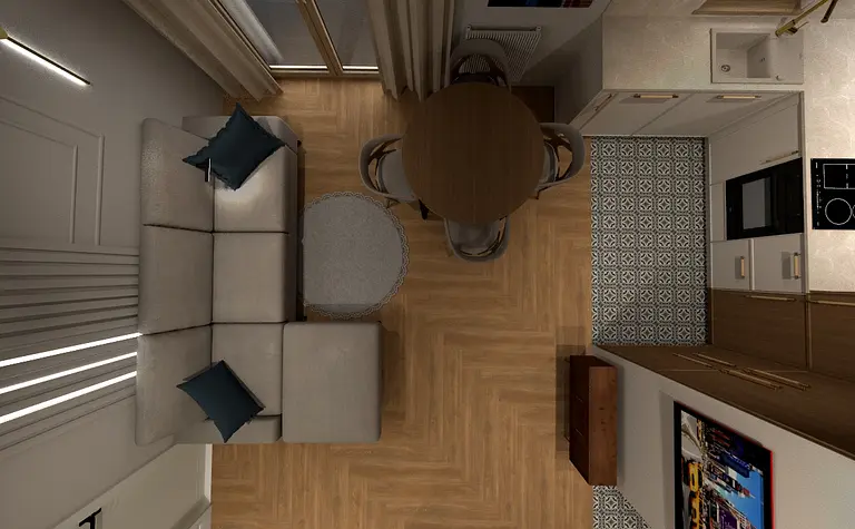 Współczesne wnętrze salonu z jasnym narożnikiem, okrągłym stołem i drewnianą podłogą.