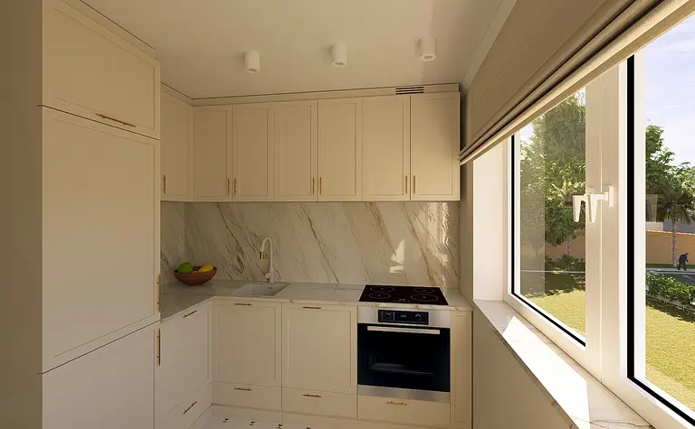 Kuchnia z beżowymi meblami, białym blatem i oknem
