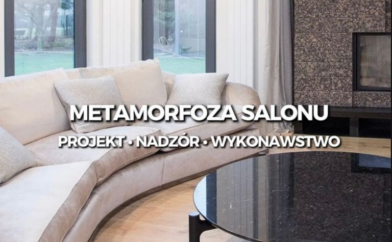 Wnętrze salonu w stylu eklektycznym, nowoczesnym i tradycyjnym z jasną sofą i ciemnym stołem.