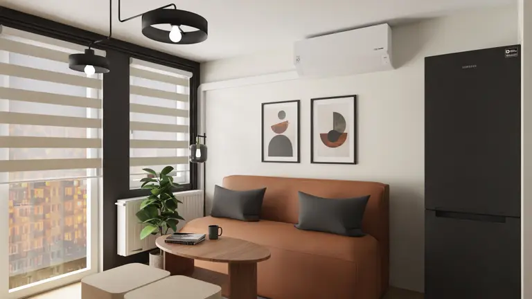 Wnętrze nowoczesnego salonu z brązową sofą i czarnymi detalami.