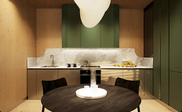 Kuchnia w stylu dopamine decor z zielonymi meblami i eklektycznymi detalami.