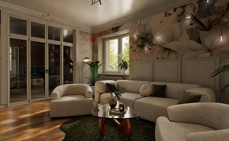 Wnętrze salonu w stylu art deco z beżowymi meblami i roślinami.