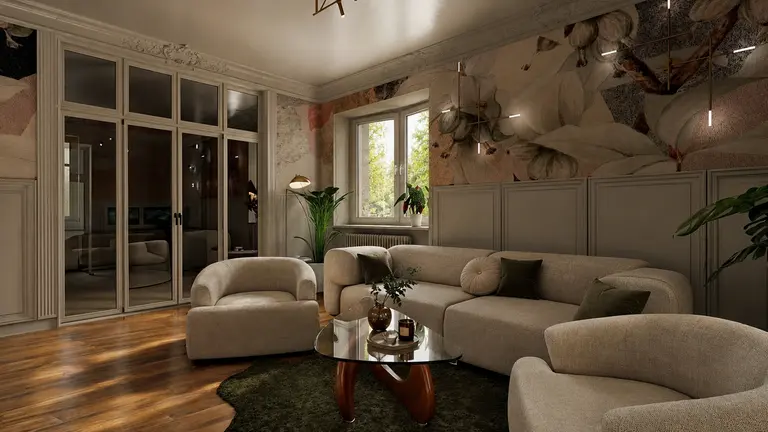 Wnętrze salonu w stylu art deco z beżowymi meblami i roślinami.