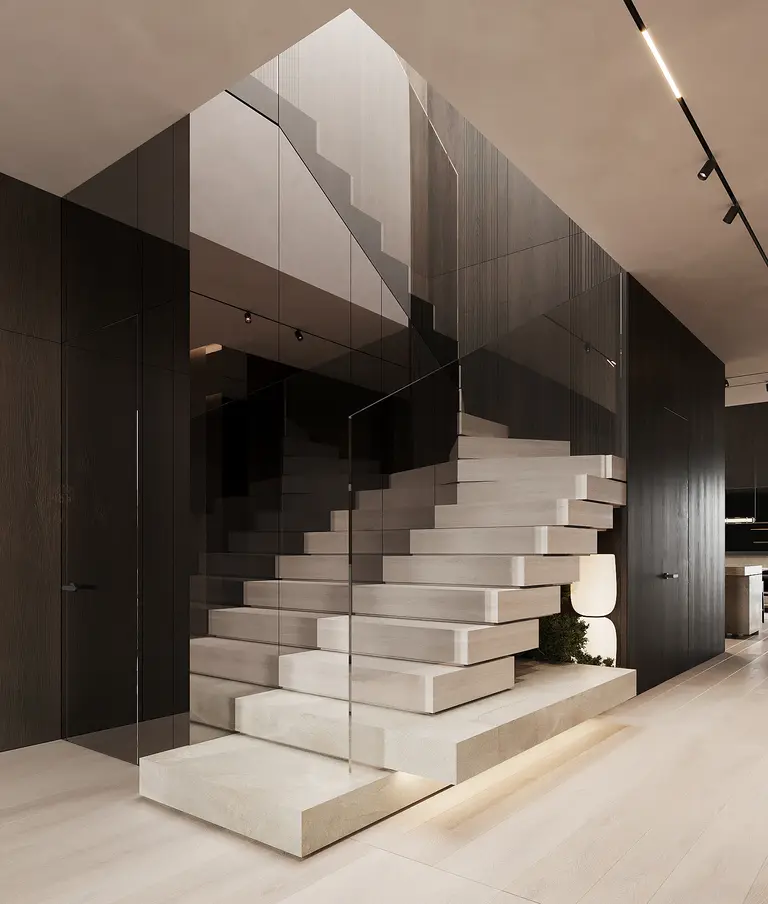 Wnętrze z minimalistycznymi schodami, drewnianą ścianą, styl minimaluxe, quiet luxury, współczesny.