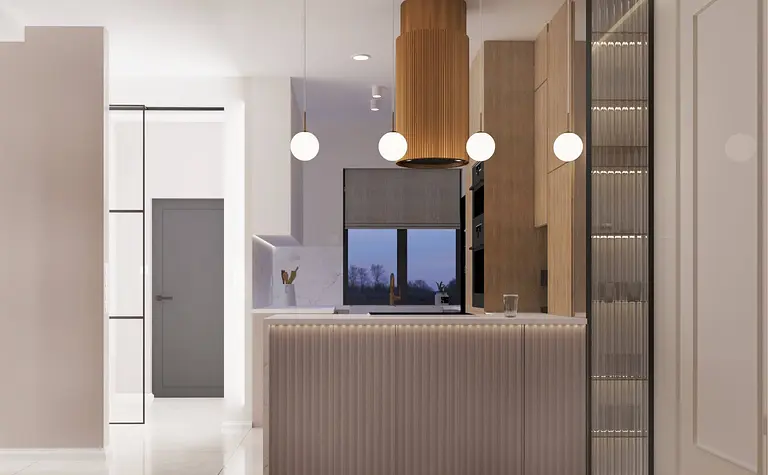 Wnętrze kuchni w stylu art deco i nowoczesnym z drewnianymi akcentami.