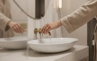 Nowoczesna łazienka z umywalką, złotymi detalami, w stylu minimaluxe i soft minimalizm.