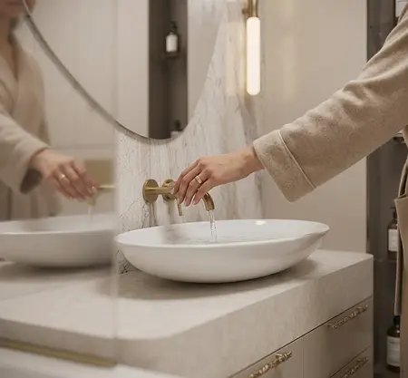 Nowoczesna łazienka z umywalką, złotymi detalami, w stylu minimaluxe i soft minimalizm.