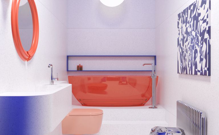 Wnętrze łazienki z pomarańczową wanną i niebieskim sufitem, styl dopamine decor.
