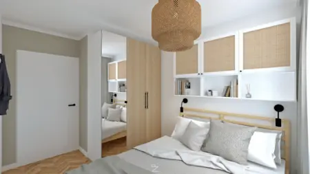 Sypialnia w stylu boho i minimalistycznym z drewnianymi meblami.