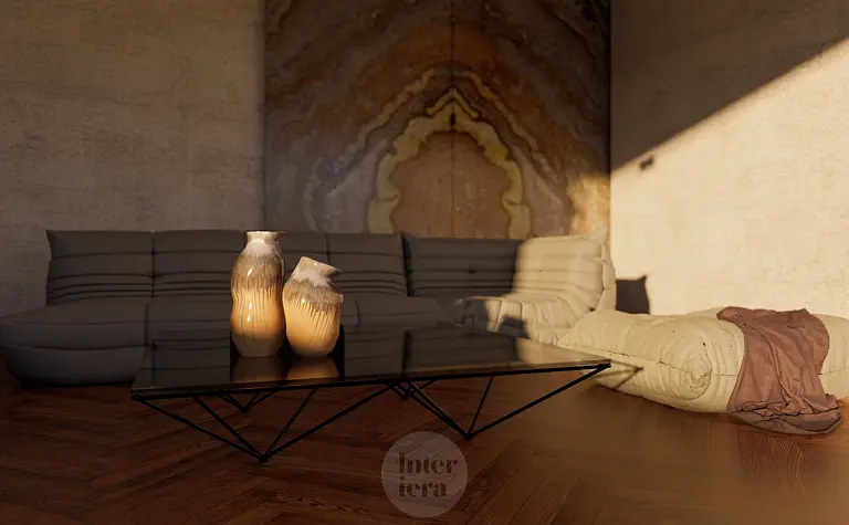 Wnętrze salonu w stylu minimalistycznym z meblami w odcieniach beżu i brązu.