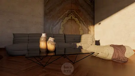 Wnętrze salonu w stylu minimalistycznym z meblami w odcieniach beżu i brązu.