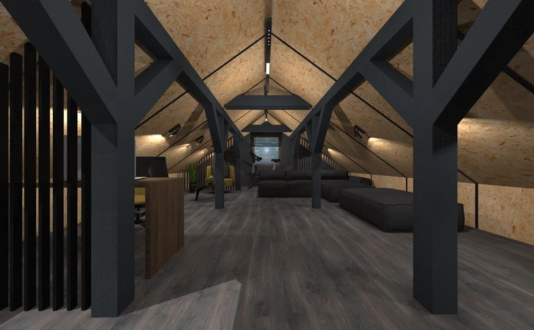 Poddasze w stylu industrialnym z nowoczesnym wyposażeniem i drewnianymi detalami.