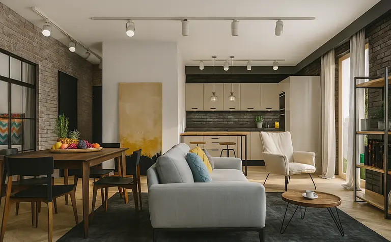 Wnętrze salonu z industrialnym i minimalistycznym stylem, szary dywan, drewniany stół.