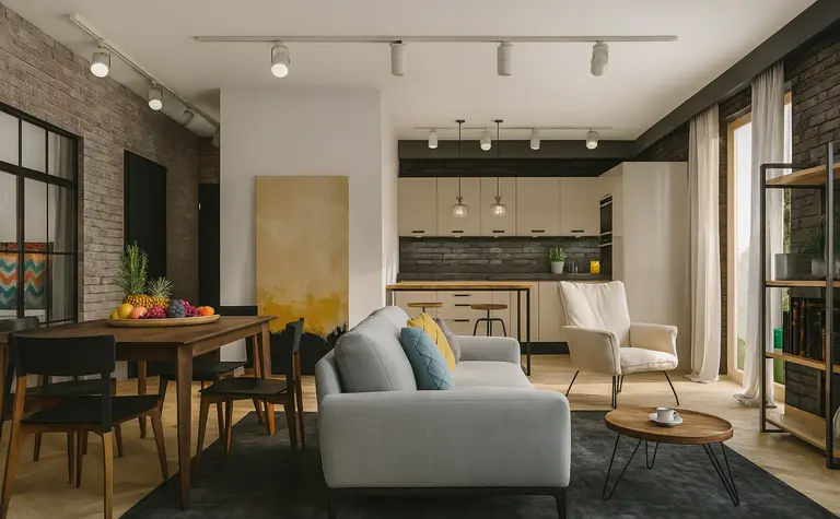 Wnętrze salonu z industrialnym i minimalistycznym stylem, szary dywan, drewniany stół.