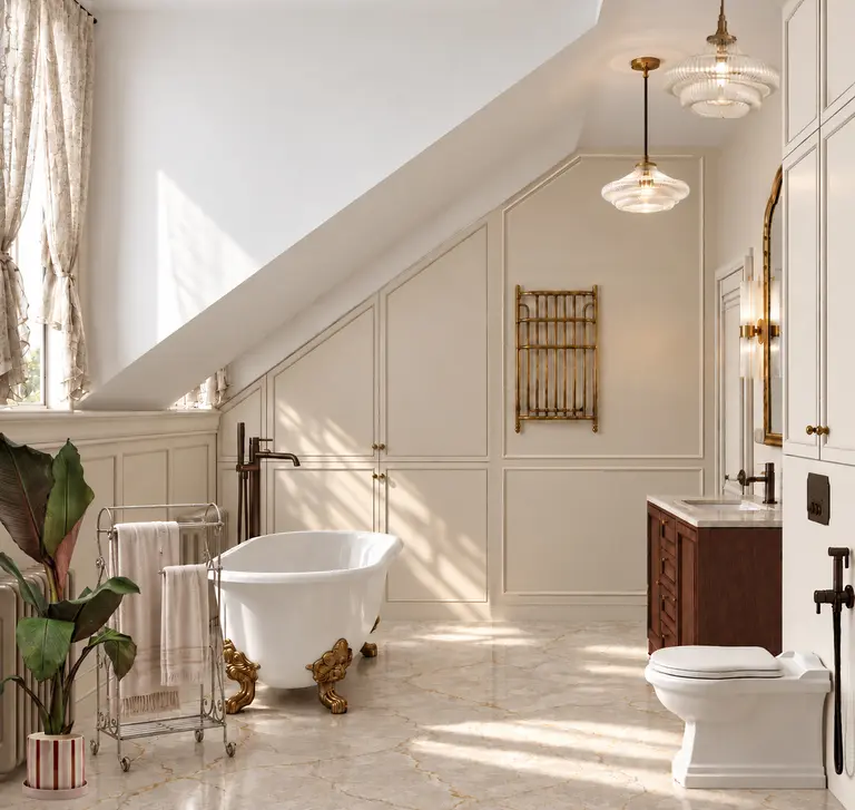 Łazienka glamour, minimaluxe, nowoczesny, quiet luxury, tradycyjny, vintage: wanna na nóżkach, kremowe panele