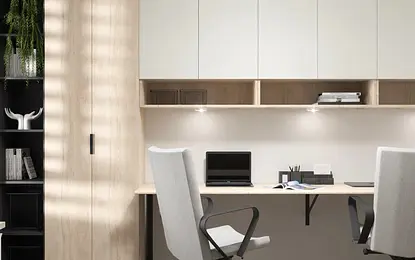 Nowoczesny gabinet z minimalistycznym biurkiem i szafkami, styl współczesny.