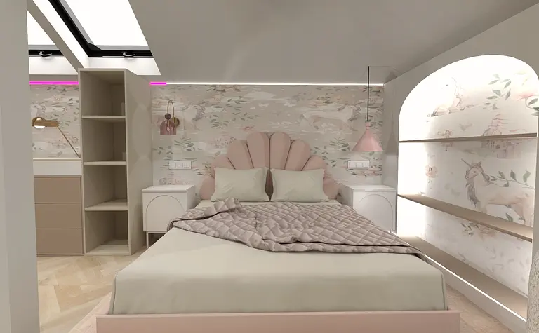 Wnętrze sypialni z różowymi ścianami i drewnianymi meblami. Styl glamour i nowoczesny.