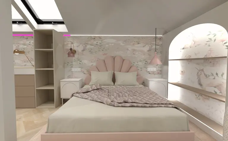 Wnętrze sypialni z różowymi ścianami i drewnianymi meblami. Styl glamour i nowoczesny.