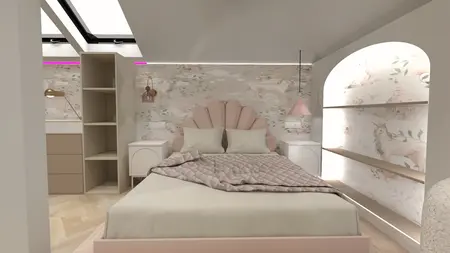 Wnętrze sypialni z różowymi ścianami i drewnianymi meblami. Styl glamour i nowoczesny.