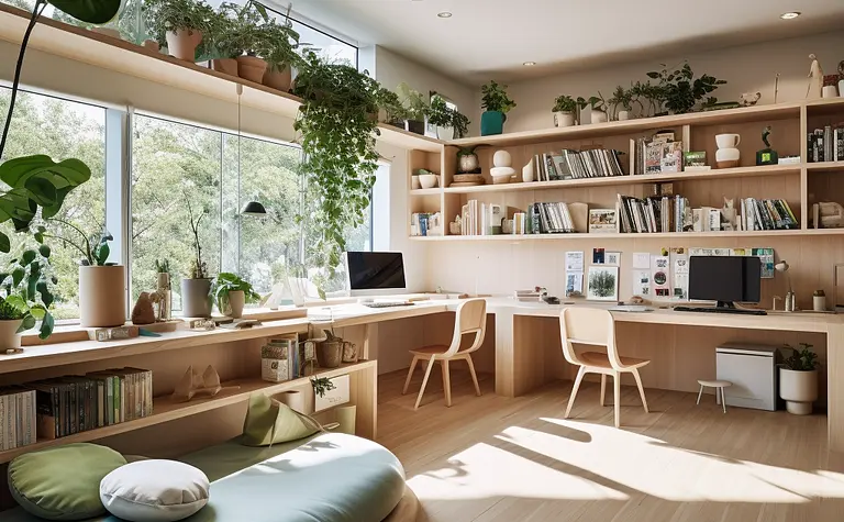 Wnętrze biura w stylu skandynawskim z roślinami, drewnianymi meblami i nowoczesnymi akcentami.