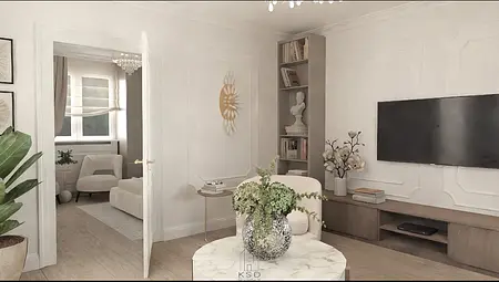 Wnętrze salonu w stylu art deco z jasnymi meblami i roślinami