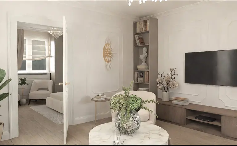 Wnętrze salonu w stylu art deco z jasnymi meblami i roślinami