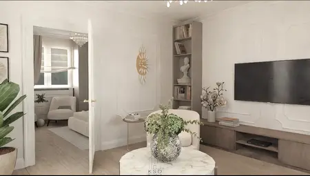 Wnętrze salonu w stylu art deco z jasnymi meblami i roślinami
