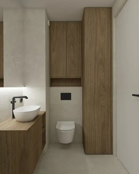 Eklektyczna łazienka z drewnianymi meblami, minimalistycznym umywalką i soft minimalizmem.