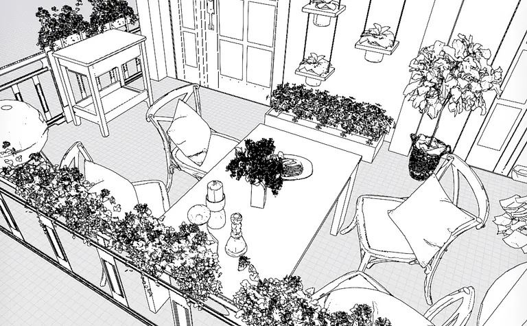 Balkon w stylu rustykalnym z roślinami i drewnianym stołem