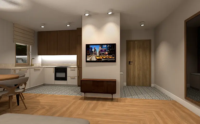 Wnętrze kuchni z brązowymi meblami i białym blatem, współczesny design, nowoczesne oświetlenie.