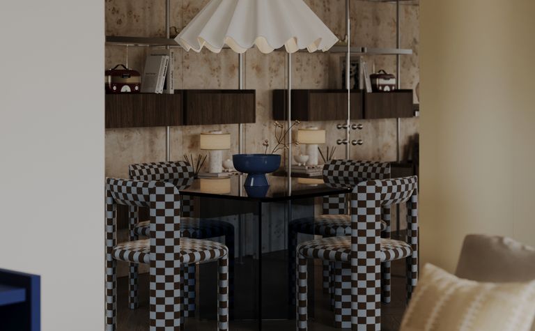 Wnętrze jadalni w stylu art deco i eklektycznym z nowoczesnymi akcentami.