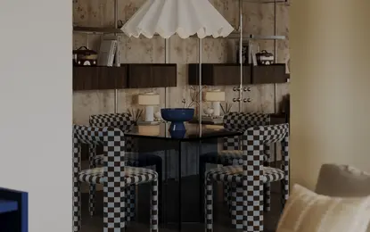 Wnętrze jadalni w stylu art deco i eklektycznym z nowoczesnymi akcentami.