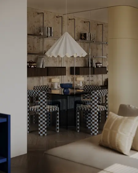 Wnętrze jadalni w stylu art deco i eklektycznym z nowoczesnymi akcentami.