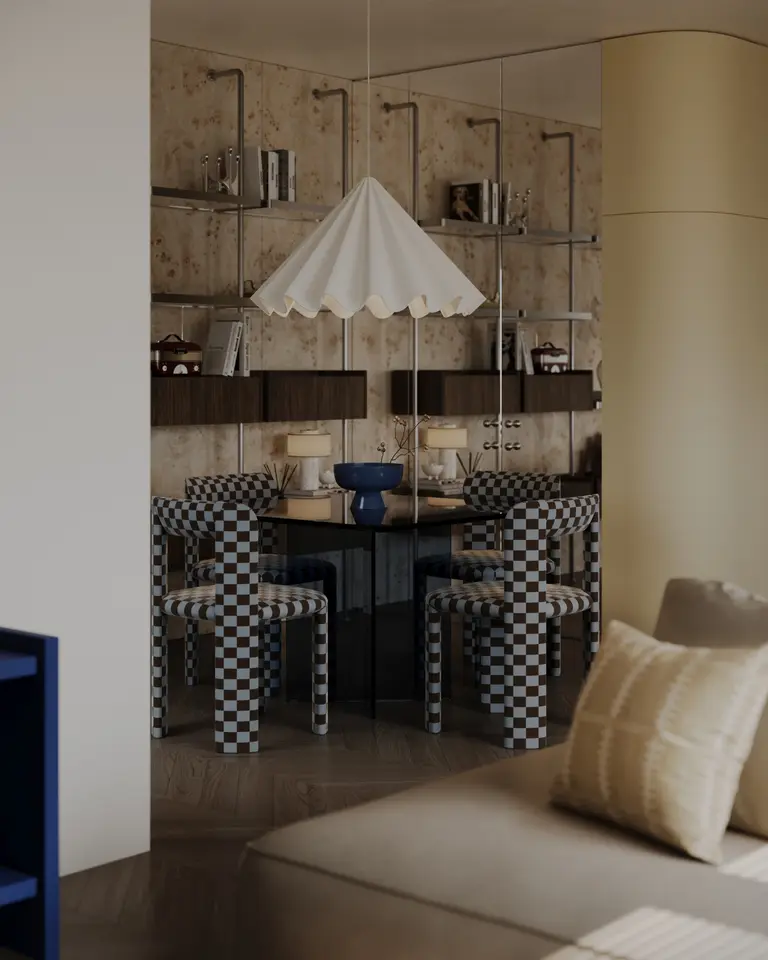 Wnętrze jadalni w stylu art deco i eklektycznym z nowoczesnymi akcentami.
