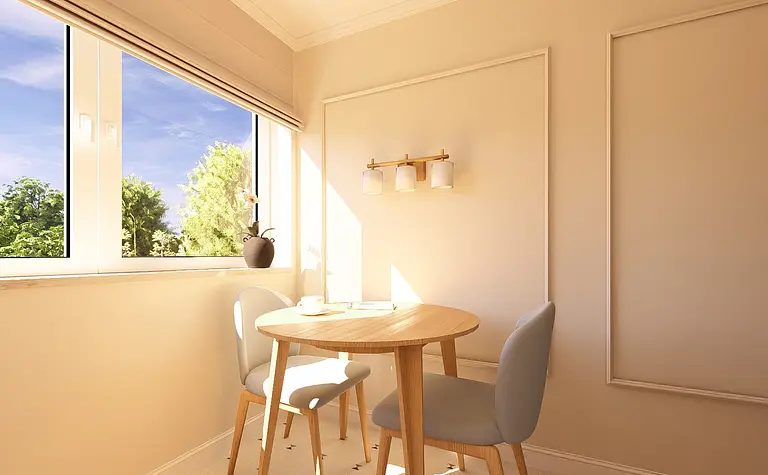 Wnętrze jadalni z drewnianym stołem, szarymi krzesłami i oknem.