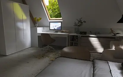 Wnętrze poddasza z biurkiem, białą szafą i roślinami, styl japandi i nowoczesny.