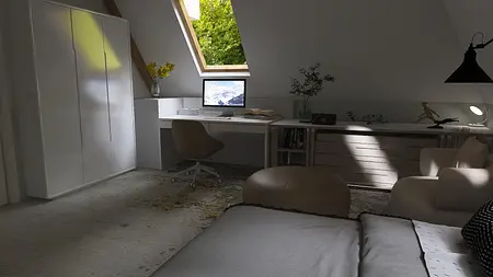 Wnętrze poddasza z biurkiem, białą szafą i roślinami, styl japandi i nowoczesny.