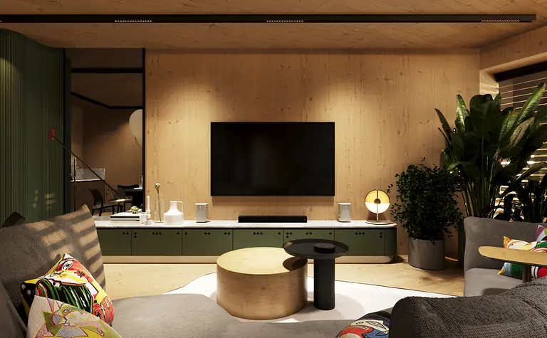 Wnętrze salonu w stylu dopamine decor i eklektycznym z drewnianymi elementami.