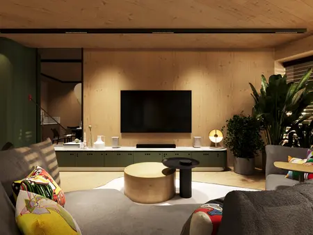 Wnętrze salonu w stylu dopamine decor i eklektycznym z drewnianymi elementami.