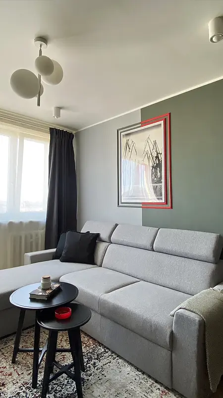Wnętrze salonu w stylu eklektycznym z minimalistycznymi meblami i skandynawskimi akcentami.