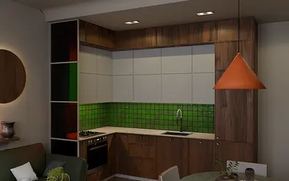 Kuchnia w stylu eklektycznym z zieloną glazurą i drewnianymi elementami.