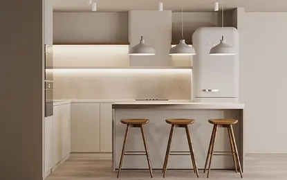 Kuchnia w stylu japandi i minimalistycznym z białymi meblami i drewnianymi elementami.