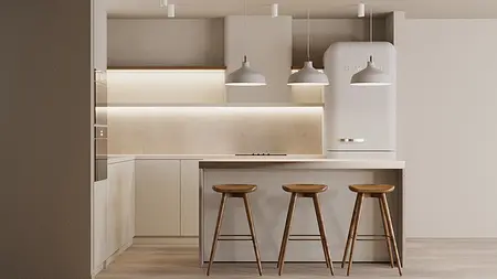 Kuchnia w stylu japandi i minimalistycznym z białymi meblami i drewnianymi elementami.