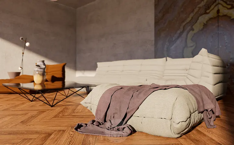 Wnętrze salonu z minimalistycznym designem, beżowe meble i drewniana podłoga, styl minimaluxe.