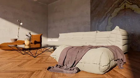 Wnętrze salonu z minimalistycznym designem, beżowe meble i drewniana podłoga, styl minimaluxe.